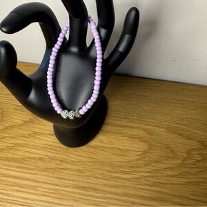 Glass Beaded Elastic Bracelet Lilac Metal Antique Silver Plated Carved Hearts